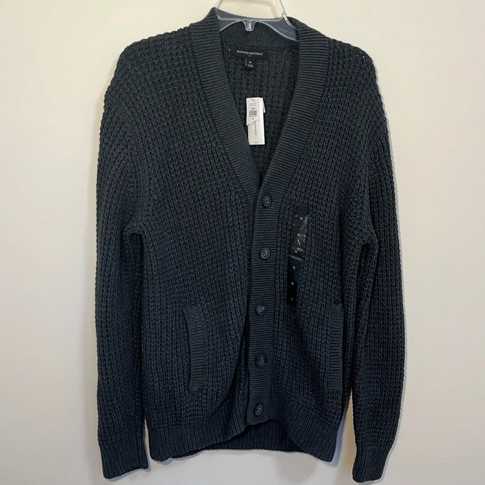Banana Republic cardigan sweater med gray chunky knit tunic button cotton blend